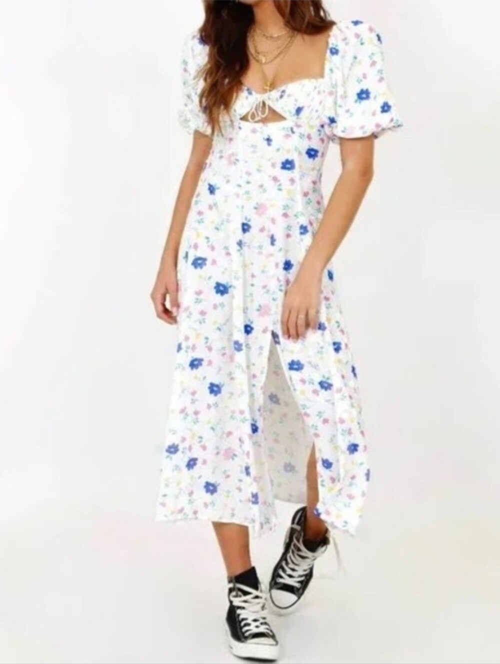 For Love & Lemons💎 White Midi Dress with Blue and Pastel Floral Print